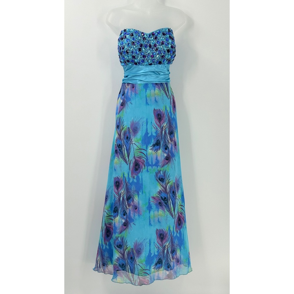 VTG Y2K Deb Strapless Peacock Beaded  Maxi Dress Gown Sz 14 fairy whimsy indie